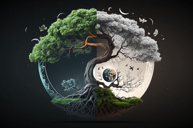 Ying yang concept of balance Yggdrasil tree of life norse mythology Balance concept Generative ai