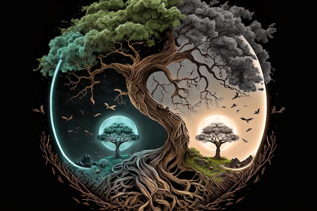 Photo ying yang concept of balance yggdrasil tree of life norse mythology balance concept generative ai