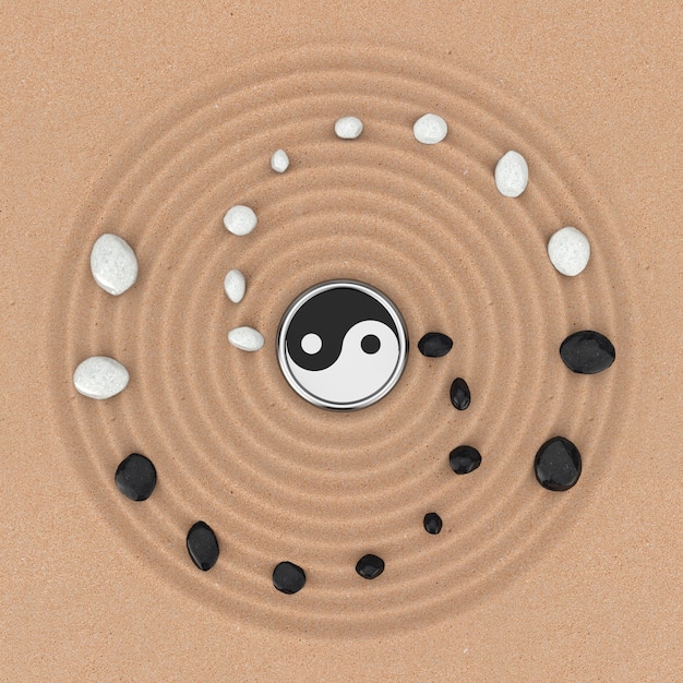 Foto ying yang teken met witte en zwarte stenen over zen meditatie sand garden extreme close-up. 3d-rendering