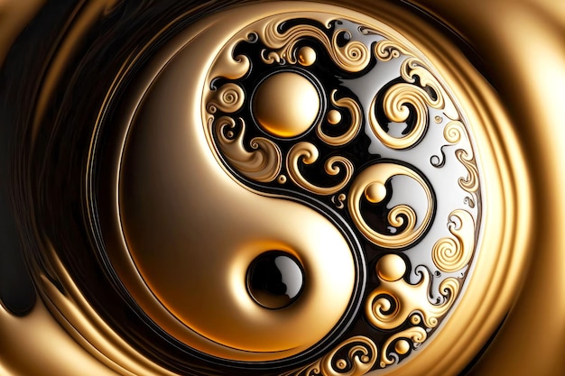 Yinyang symbol made of beige and black metal with gold pattern