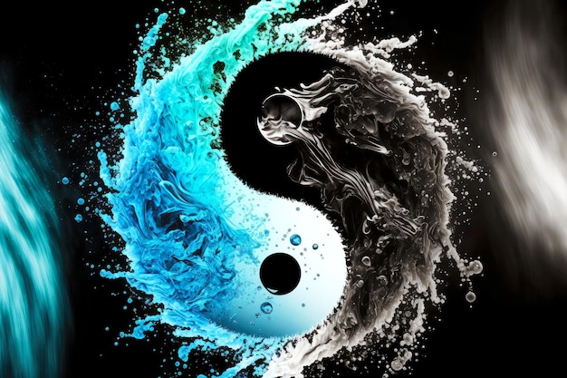 Yinyang symbol made of black and blue water on black background