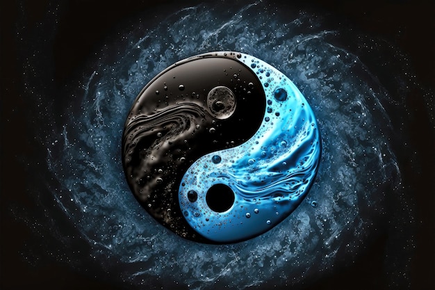 Foto simbolo yinyang fatto di acqua nera e blu su sfondo nero