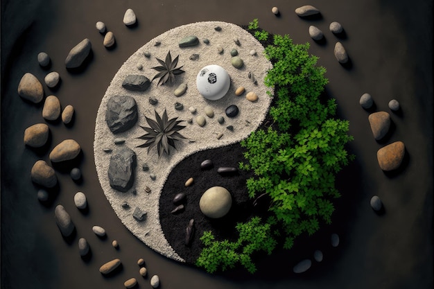 Yinyang symbol made of sand pebbles and twigs