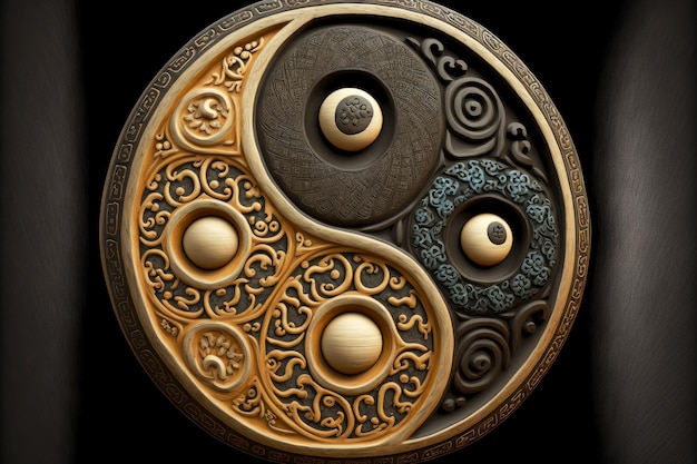 Yinyang symbol made of wood and painted in gold and brown