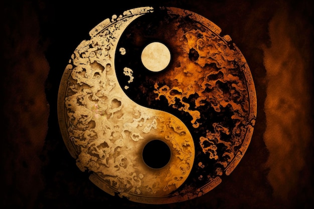 Yinyang symbol with chinese characters on brown background