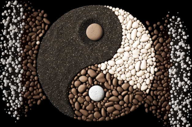 Yinyang symbol with white and black sand pebbles and gr