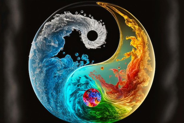 Foto yinyang-symbool afgebeeld als veelkleurig water