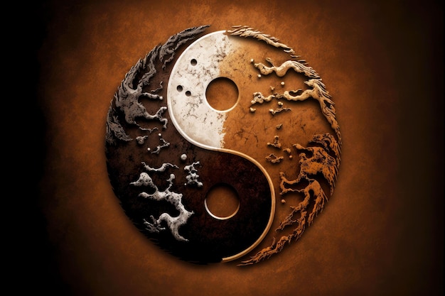 Yinyang-symbool met Chinese karakters op bruine achtergrond