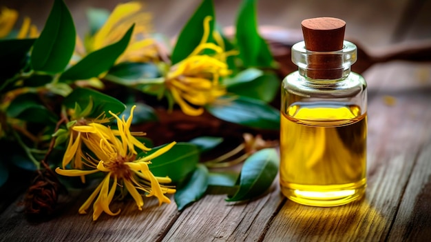 Photo ylang ylang essential oil in a bottle generative ai spa