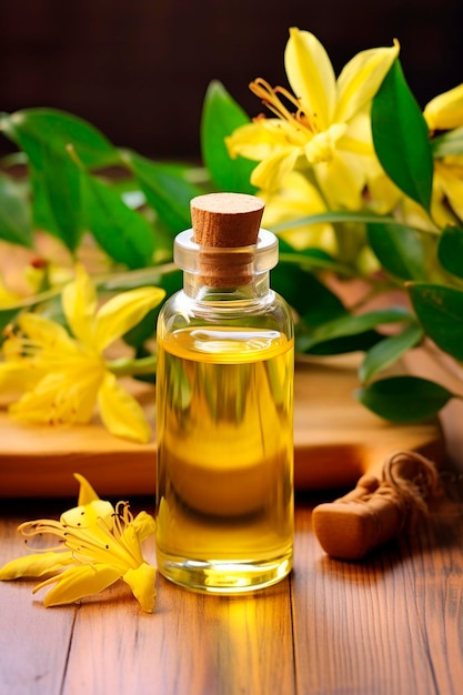 Photo ylang ylang essential oil in a bottle generative ai spa