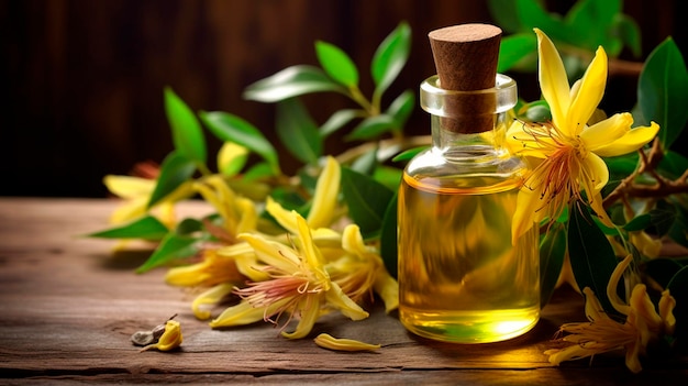 Photo ylang ylang essential oil in a bottle generative ai spa