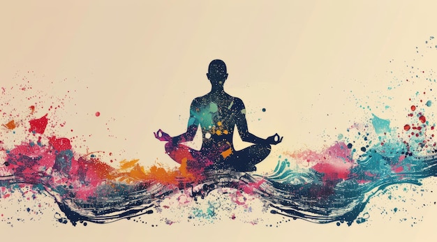 Yoga background Silhouette of man meditating on watercolor lines