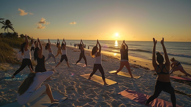 Йога на пляже при восходе солнца Группа женщин занимается йогой на пляже во время восхода солнца