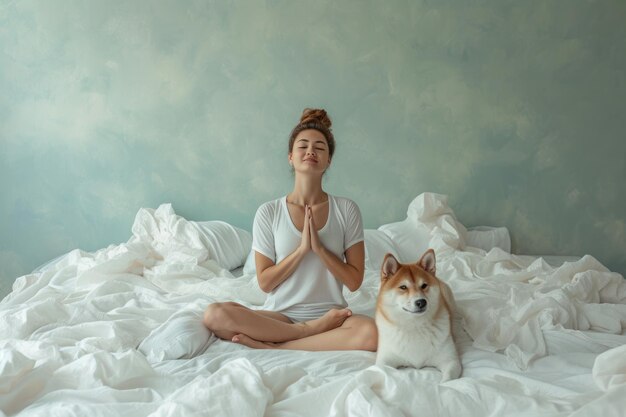 Photo yoga on the bed woman happy dog style relaxation minimalsm