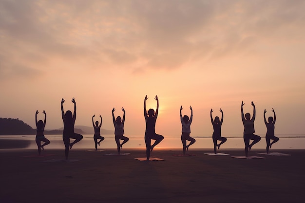 Yoga class on the beach at sunset with silhouettes of people doing yoga generative ai