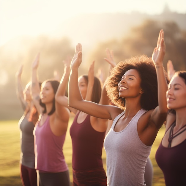 Photo yoga class doing breathing exercise at park