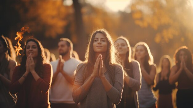 Photo yoga class doing breathing exercises at the park beautiful fit friends doing breath exercises