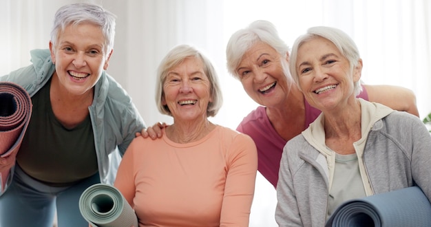 Yoga class and face of senior happy people for retirement exercise club membership and community wellness Pilates friends group portrait and elderly women at training fitness and workout studio