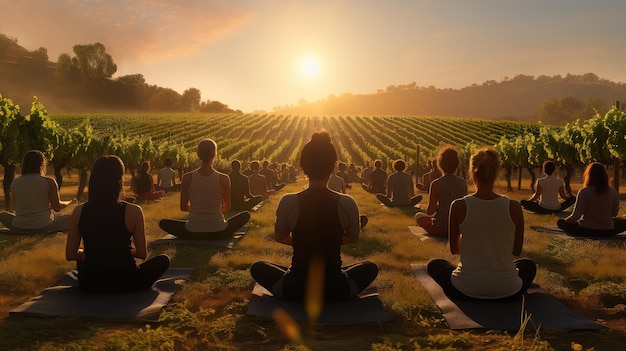 A yoga class in a picturesque vineyard ultra realistic