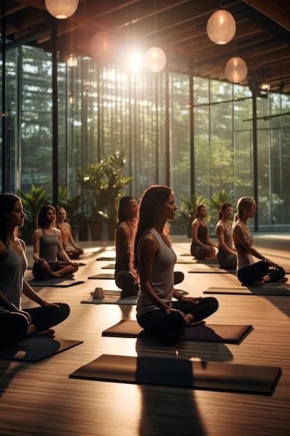 a yoga class practicing poses and stretches in an openconcept gym