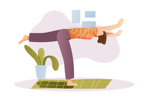 Yoga concept with people scene in the cartoon design The girl does various yoga exercises at home