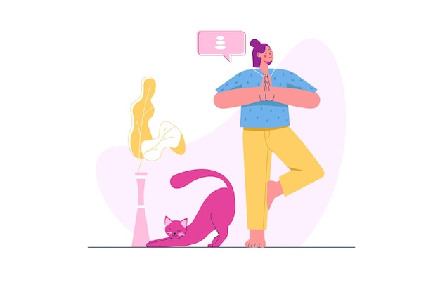 Yoga concept with people scene in the flat cartoon design A girl does yoga with her cat at home