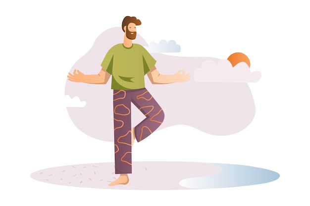 Yoga concept with people scene in the flat cartoon design A man practices yoga