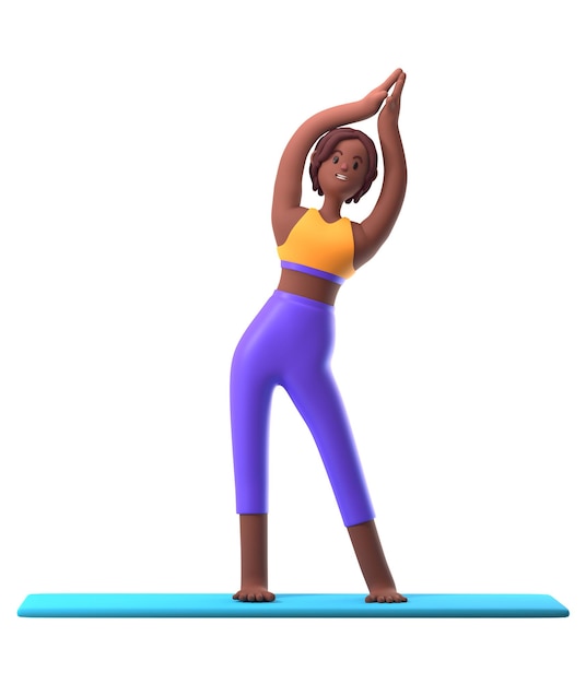 Photo yoga darkskinned girl in standing position on white background cartoon female 3d charcter