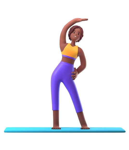 Photo yoga darkskinned girl in standing position on white background cartoon female 3d charcter