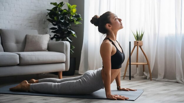 Yoga girl doing cobra asana as her morning exercise at home