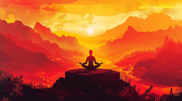 Yoga in lotuspositie op zonsondergang berg achtergrond