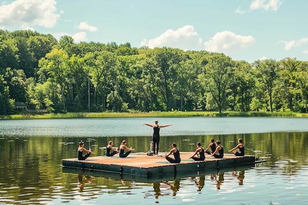 A yoga instructor leading a class on a floating platform in the middle of a lake