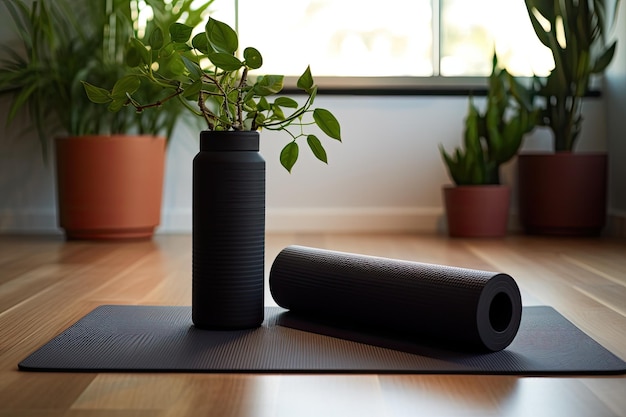 Photo a yoga mat is placed near a plant in a home workout area that also includes dumbbells