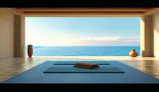 A yoga mat in an ocean view room