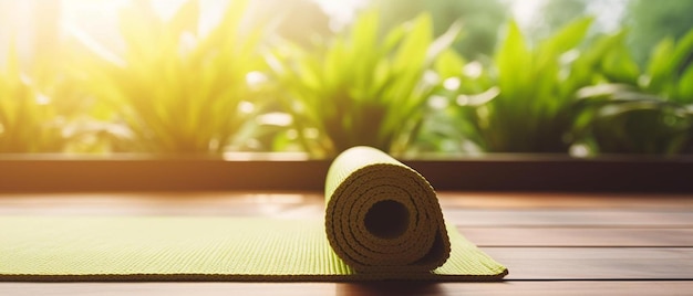 Photo a yoga mat with the sun shining through the window