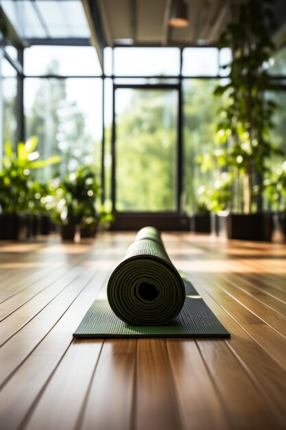 Foto tappetini e attrezzature per lo yoga sullo sfondo di uno studio di fitness con spazio vuoto per il testo