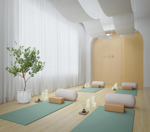 Tappetini da yoga in sala yoga con candela profumata vegetale e sfondo bianco con tenda