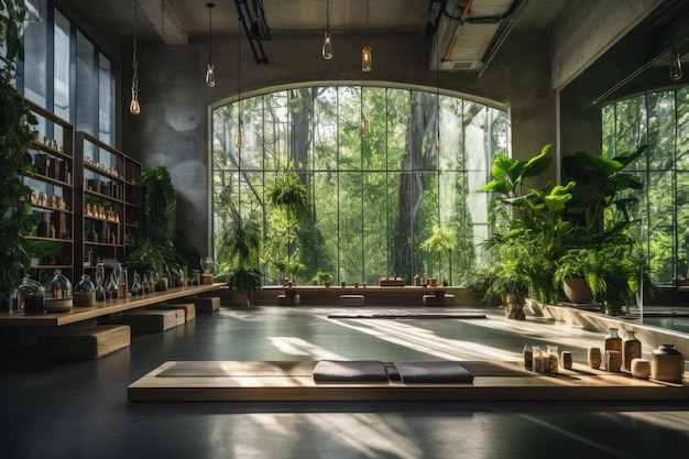 Yoga met mat liggend op houten vloer in een yogastudio Generatieve AI