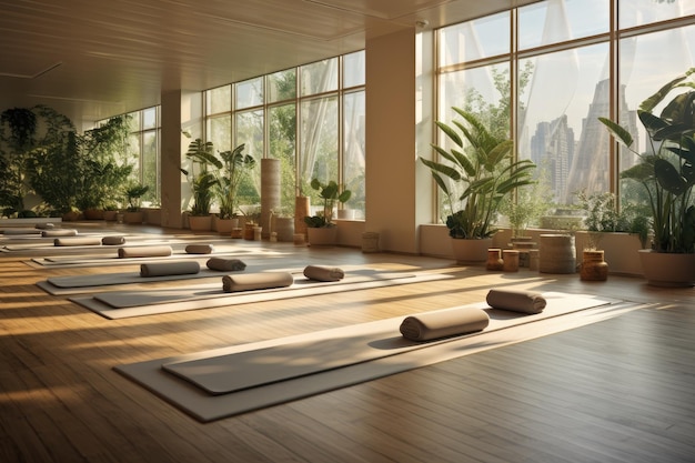 Yoga met mat liggend op houten vloer in een yogastudio Generatieve AI