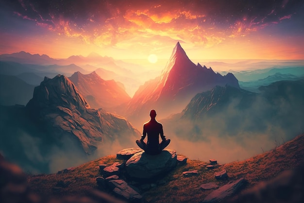 Yoga on mountain top at sunset lonely man meditating outdoor generative AI