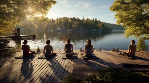 Foto yoga-oefening met uitzicht op de rustige oever van het meer