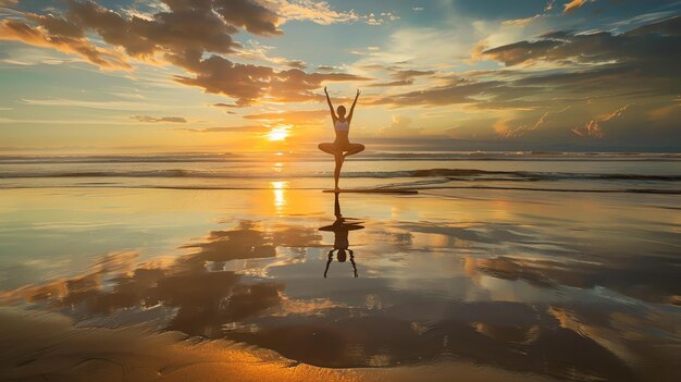 写真 夕暮れのビーチでのヨガ一足で立って腕を伸ばして自然の美しさを楽しんでいる若い女性