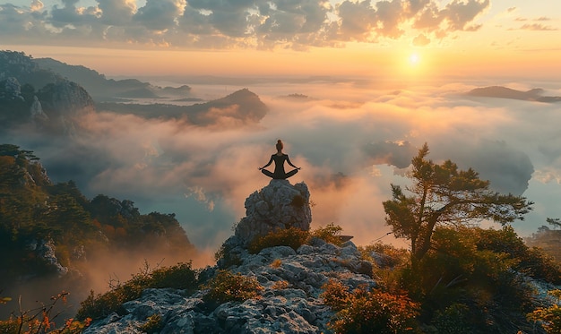 Yoga op de Misty Mountain Peak bij zonsopgang