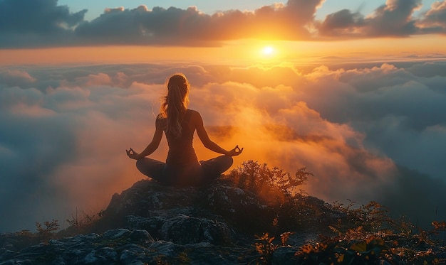 Yoga op de Misty Mountain Peak bij zonsopgang