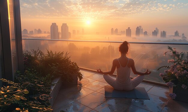 Yoga op het balkon met de skyline van de stad