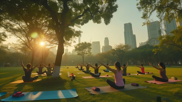 Photo yoga in the park at sunset with city skyline in the background