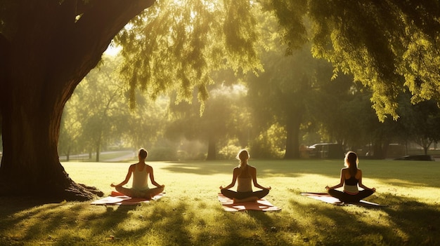 Yoga in the park with the sun shining through the trees
