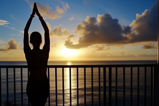 Photo yoga pose silhouette balcony ocean