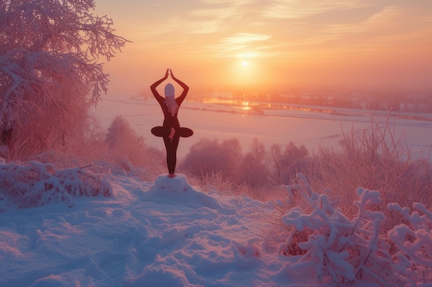 Foto posizioni di yoga da parte di una ragazza mentre il sole sorge generative ai