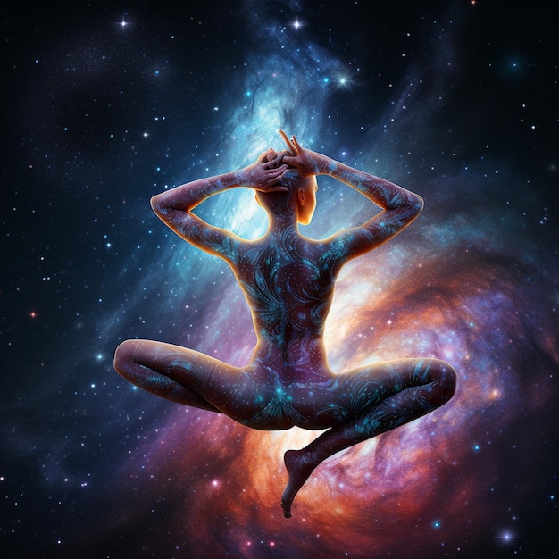 yoga poses under starry skies in a cosmic digital art illustration